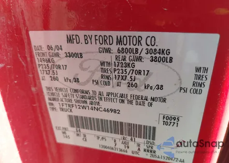 2004 Ford F-150 Stx/Xl/Xlt from USA, damaged, VIN 1FTRF12W14NC46982